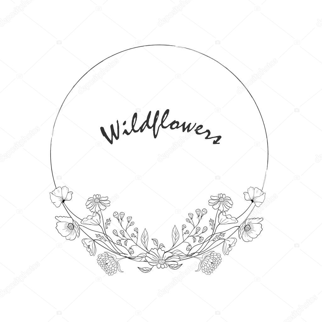 Round frame with wildflowers. Black and white vector illustration