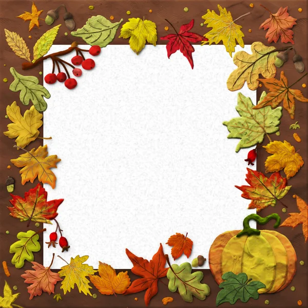 Square autumn banner with sheet of paper and background with autumn leaves and pumpkin made of soft plastic clay. 3D image.