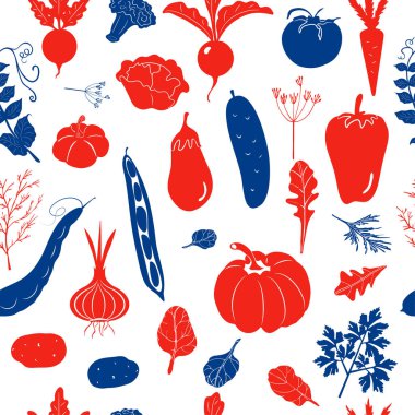 Beyaz arka planda kırmızı ve mavi renkli sebzelerle kusursuz bir desen..