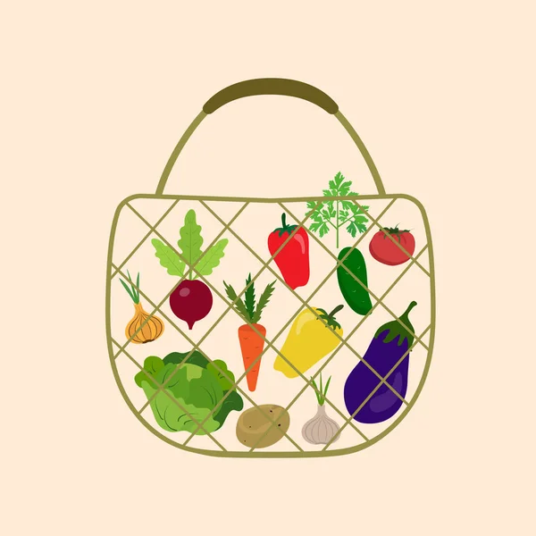 Bolsa Reutilizable Bolsa Hilo Con Verduras Productos Ecológicos Tienda Nutrición — Vector de stock