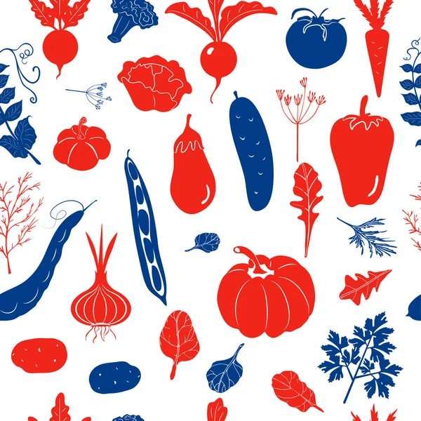 Beyaz arka planda kırmızı ve mavi renkli sebzelerle kusursuz bir desen..