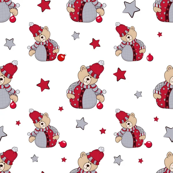 Απρόσκοπτη Μοτίβο Χαριτωμένο Χριστουγεννιάτικο Αρκουδάκι Κόκκινα Αστέρια Και Μπάλες Χριστουγέννων — Διανυσματικό Αρχείο