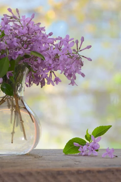 Buquê Primavera Lilac Mesa Madeira — Fotografia de Stock