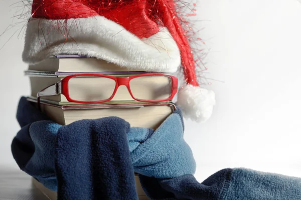 Reading Glasses Concept Books Santa Claus Hat Neckerchief — Stock Photo, Image