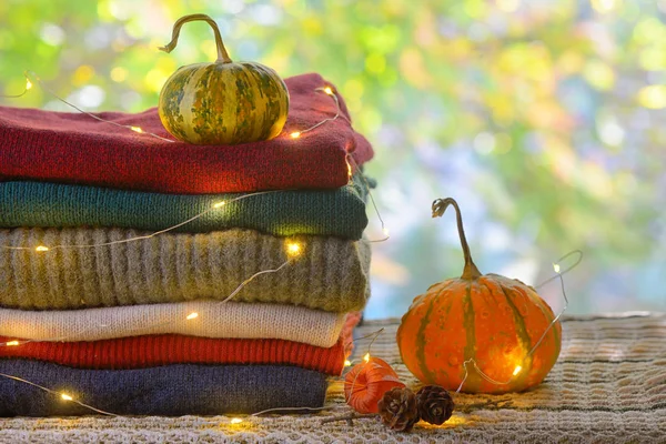 Outono Pilha Camisolas Malha Quente — Fotografia de Stock