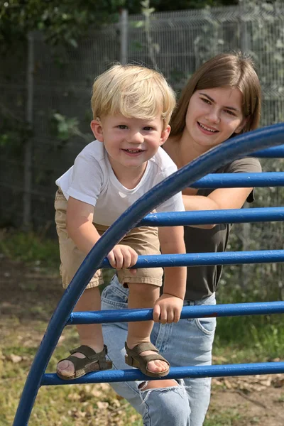 Boy Cochlear Implants Playing Summer Park — Stock fotografie