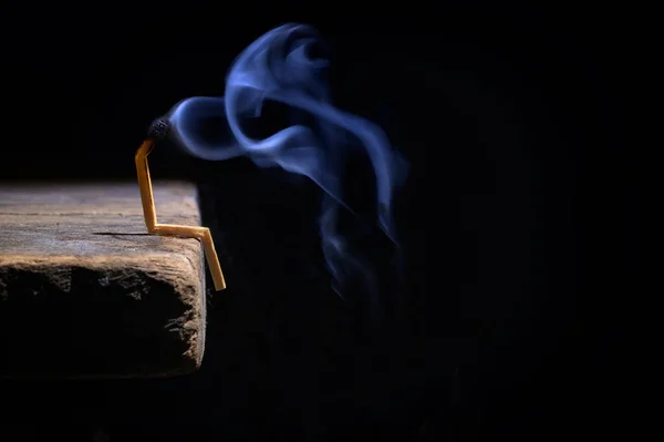 Conceptual Burned Out Smoke Wooden Matches Black Background — Stock Photo, Image