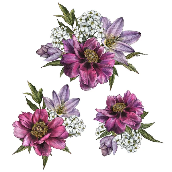 Kytice Pivoněk Jasmínu Květiny Sada Akvarel Květin — Stock fotografie