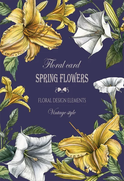 Floral Ευχετήρια Κάρτα Λίλιουμ Και Λουλούδια Datura — Φωτογραφία Αρχείου
