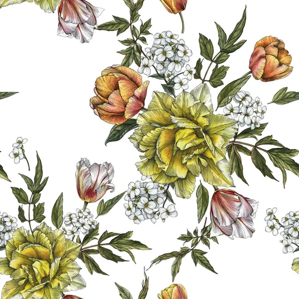 水彩郁金香和茉莉花的花无缝图案 — 图库照片