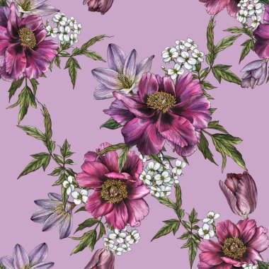 Suluboya peonies, lale ve Yasemin çiçek seamless modeli 