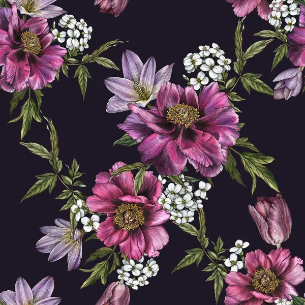 Sömlös Blommönster Med Akvarell Pioner Tulpaner Och Jasmin — Stockfoto