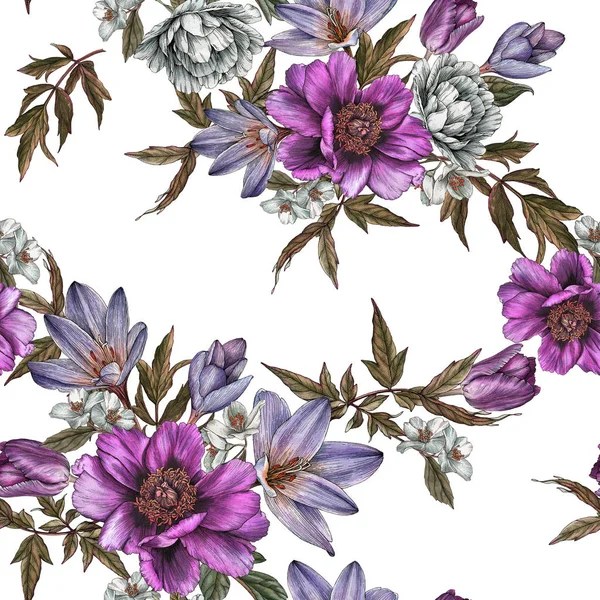 Naadloze Bloemmotief Met Aquarel Pioenrozen Rozen Tulpen Jasmijn Bloemen — Stockfoto