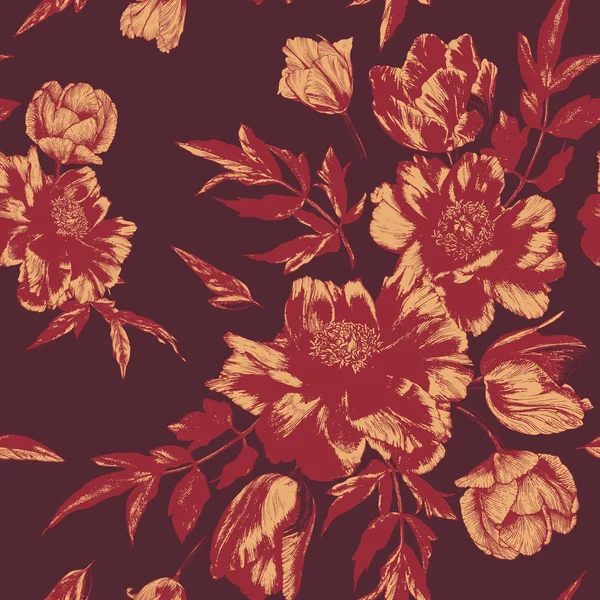 Motif Floral Vectoriel Sans Couture Avec Bouquets Tulipes Pivoines — Image vectorielle