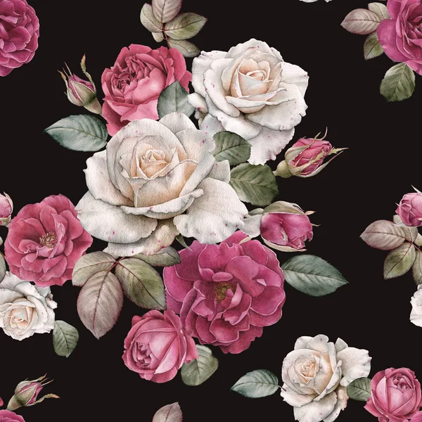 Patrón Sin Costura Floral Con Acuarela Rosas Blancas Rosadas —  Fotos de Stock