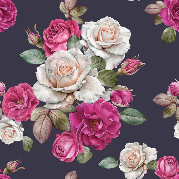 Padrão Sem Costura Floral Com Aquarela Rosas Brancas Rosa — Fotografia de Stock