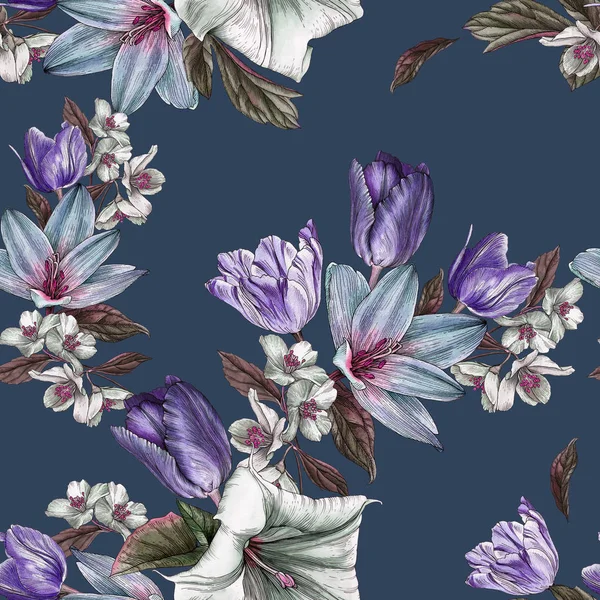 Floral Seamless Pattern Watercolor Tulips Jasmine — Stock Photo, Image