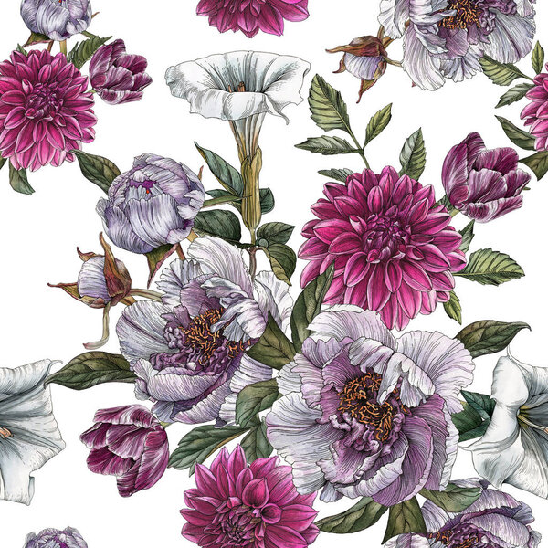 Цветочный бесшовный узор с акварельными пионами, цветком датура, георгиями и тюльпанами
