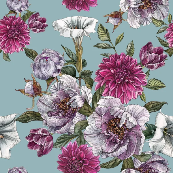 Varrat Nélküli Virágmintás Akvarell Pünkösdi Rózsa Virág Maszlag Dáliák Tulipán — Stock Fotó