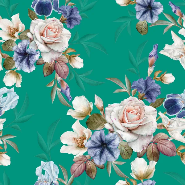 Floral Seamless Pattern Petunias Hellebore Roses Irises — Stock Photo, Image