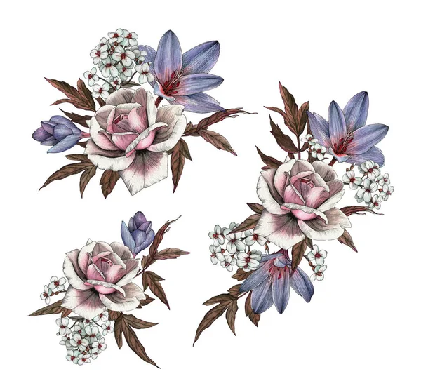 クロッカスとジャスミンのブーケ 水彩花のセット — ストック写真
