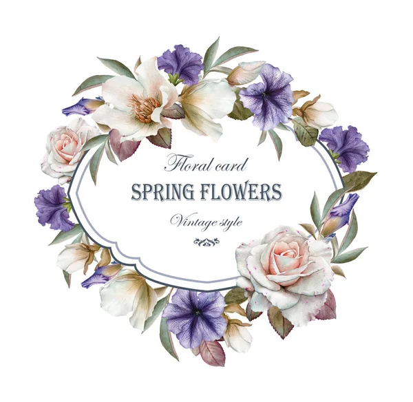 Blumen Grußkarte Mit Rosen Blauen Petunien Und Weißen Höllenblumen — Stockfoto