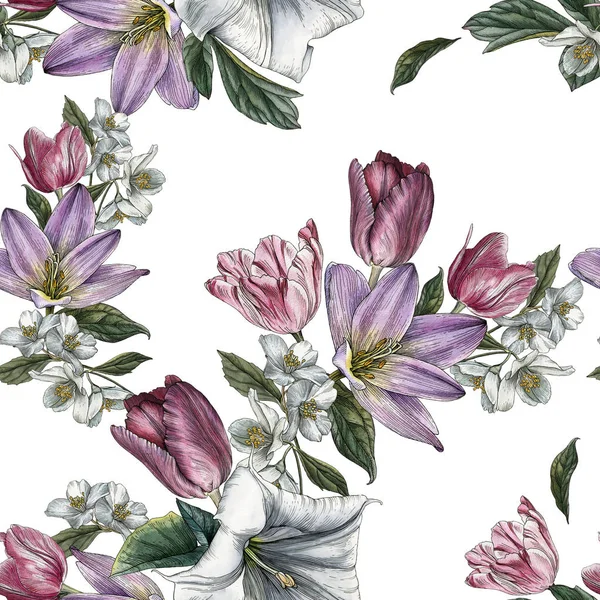 Floral Seamless Pattern Watercolor Tulips Jasmine — Stock Photo, Image