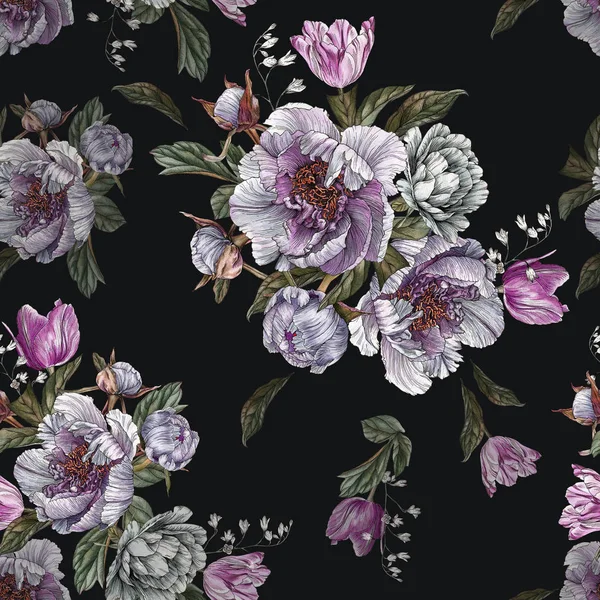 Varrat Nélküli Virágmintás Akvarell Pünkösdi Rózsa Tulipán — Stock Fotó
