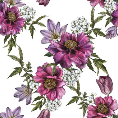Suluboya peonies, lale ve Yasemin çiçek seamless modeli 