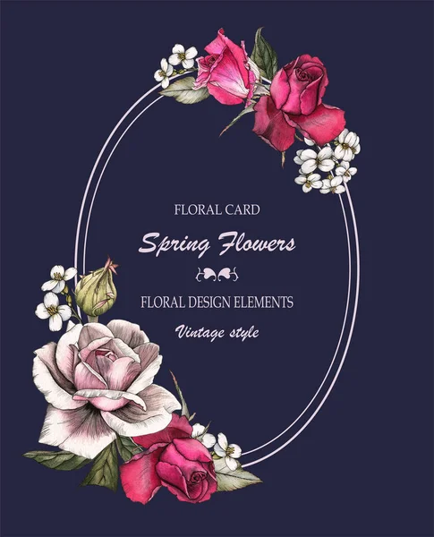 Vintage Floral Greeting Card Frame Roses Jasmine — Stock Photo, Image