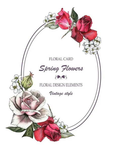 Vintage Blumen Grußkarte Mit Einem Rahmen Aus Rosen Und Jasmin — Stockfoto