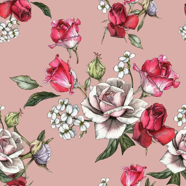 Floral Seamless Pattern Watercolor Roses Jasmine — Stock Photo, Image