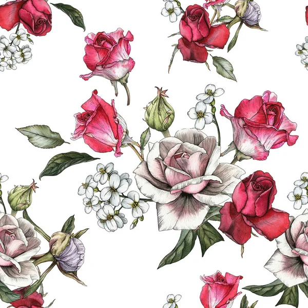 Floral Seamless Pattern Watercolor Roses Jasmine — Stock Photo, Image