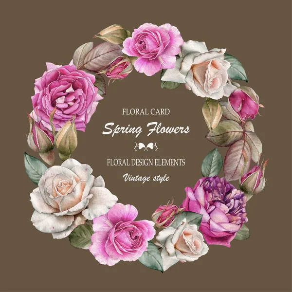 水彩バラのフレームと花のグリーティング カード 花の花輪 — ストック写真