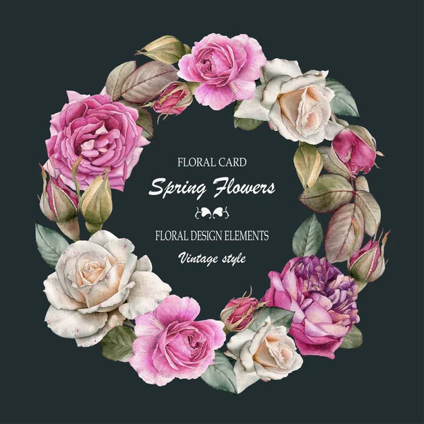 Floral Ευχετήρια Κάρτα Ένα Πλαίσιο Ακουαρέλα Τριαντάφυλλα Στεφάνι Από Λουλούδια — Φωτογραφία Αρχείου