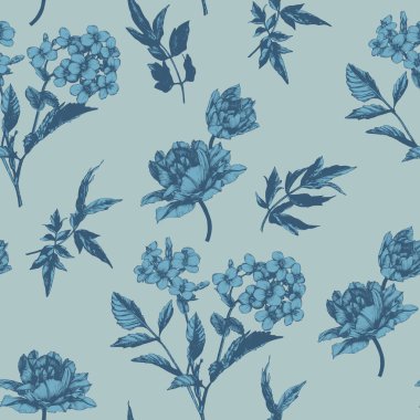 Mavi arka planda lale ve Yasemin ile vektör çiçek Dikişsiz desen