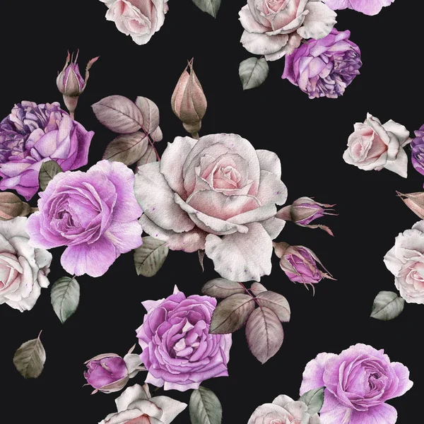 수채화 흰색과 보라색 장미와 꽃 완벽 한 패턴 — 스톡 사진