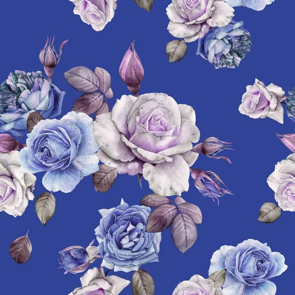 Floral naadloze patroon met aquarel witte en blauwe rozen — Stockfoto