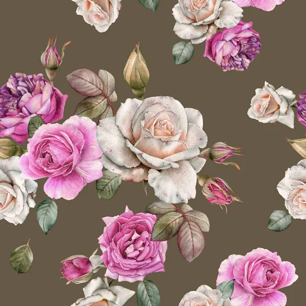 水彩缤纷的白玫瑰和粉红玫瑰的花纹无缝图案 — 图库照片