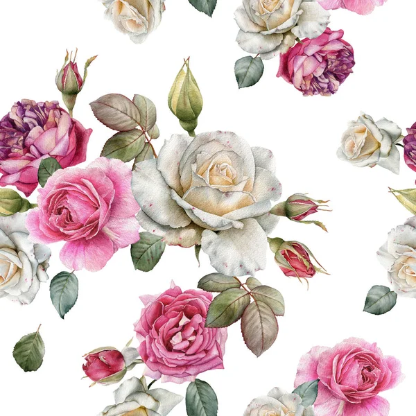 水彩白とピンクのバラと花のシームレスなパターン — ストック写真