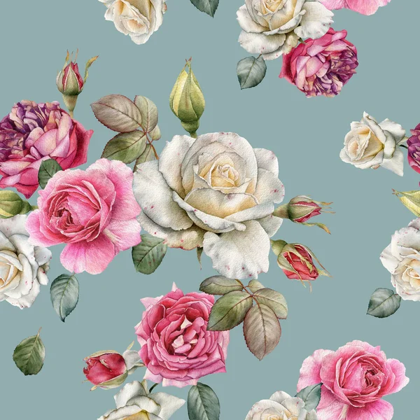 Motivo floreale senza cuciture con acquerello rose bianche e rosa — Foto Stock