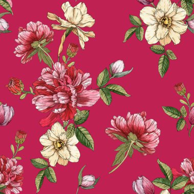 Suluboya peonies, Narcissus ve krizsanthemums ile Floral Dikişsiz desen