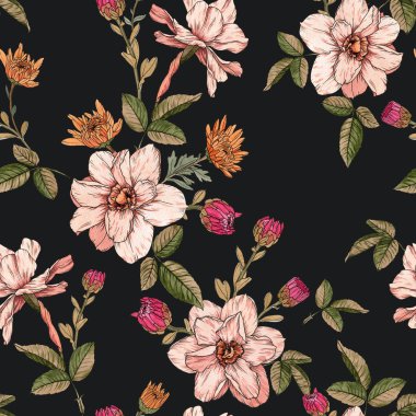 Suluboya narcissus ve krizantem ile çiçek dikişsiz desen