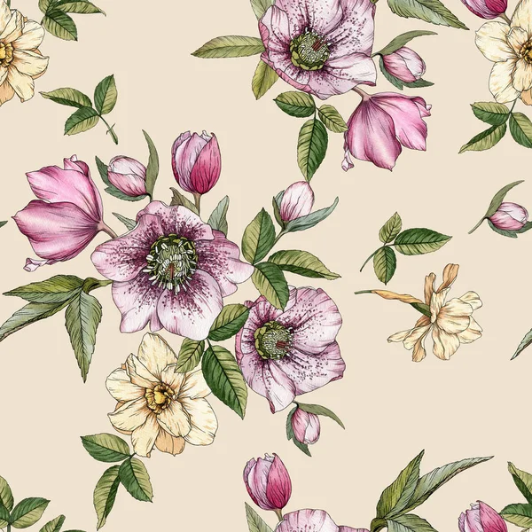 水彩画水仙とヘレボルスの花のシームレスなパターン — ストック写真