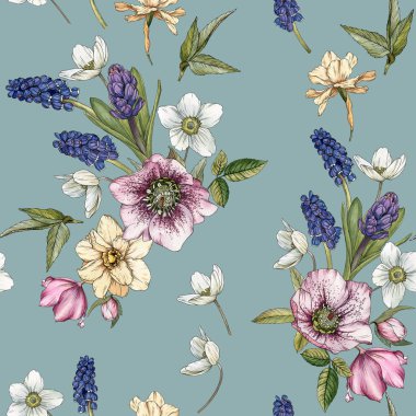 Suluboya narcissus, muscari ve hellebore ile Çiçek dikişsiz desen.