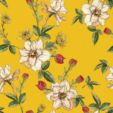 Suluboya narcissus ve krizantem ile çiçek dikişsiz desen