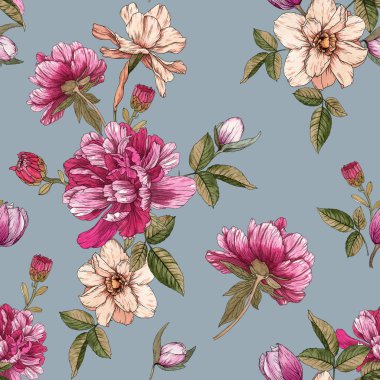 Suluboya peonies, Narcissus ve krizsanthemums ile Floral Dikişsiz desen