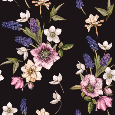 Suluboya narcissus, muscari ve hellebore ile Çiçek dikişsiz desen.