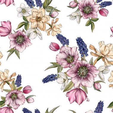 Suluboya narcissus, muscari ve hellebore ile Çiçek dikişsiz desen. Bahar çiçekleri ile arka plan