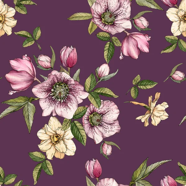 Floral seamless pattern with watercolor narcissus and hellebore — Stock Photo, Image